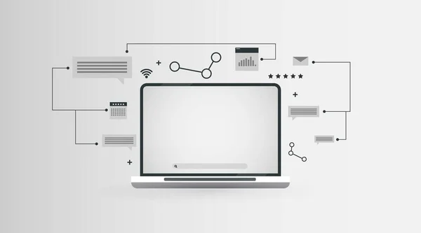 Abstrakt Network Scheme med bärbar dator och e-post Meddelande ikoner, Panorama — Stock vektor