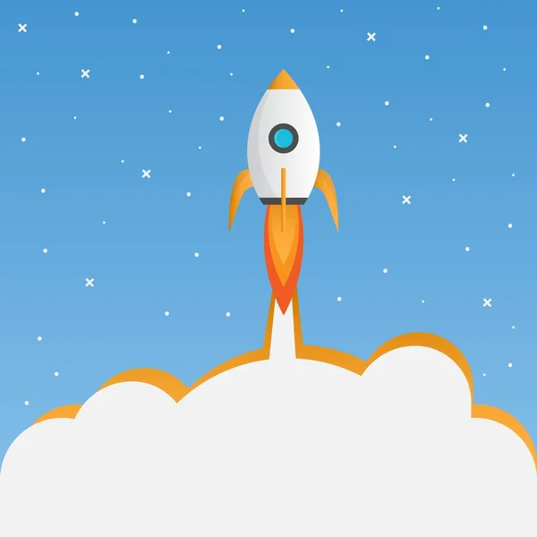 Lancio del razzo in cielo blu, Business Startup Concept, Vettore, Quadrato — Vettoriale Stock