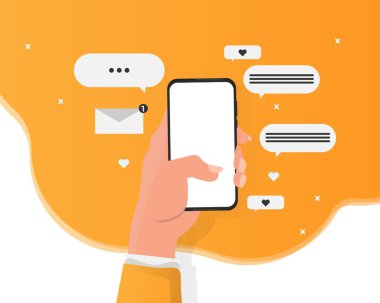 İleti Simgeleri, Sarı Arkaplan, İllüstrasyonlu Kadın El Tutma Akıllı Telefonu