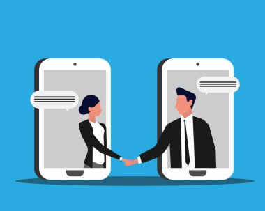 İş kadını ve iş adamı cep telefonu ekranlarından el sıkışıyor, mavi arkaplan, resim.