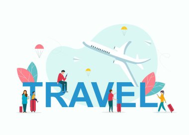 Seyahat kelimesinin üzerinde oturan insanların vektör illüstrasyonu