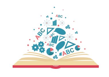 Bilim simgeleriyle açık kitabın vektör düz çizimi
