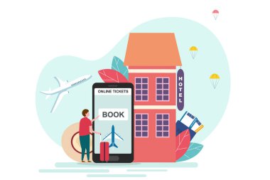 Gezgin Adam Smartphone 'da Bilet Rezervasyonu Beyazların Arkaplanında, Resim