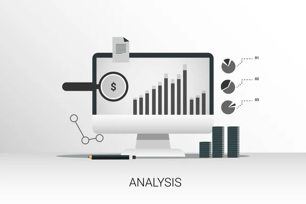 Notebook s internetovou marketingovou statistikou na šedém pozadí, ilustrace — Stockový vektor