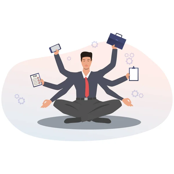 Uomo d'affari con molte mani Multitasking e meditazione, illustrazione vettoriale — Vettoriale Stock