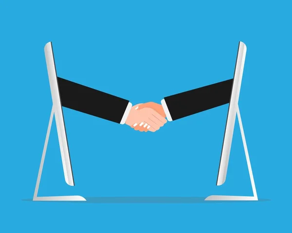 Dwóch biznesmenów handshaking przez ekrany komputera, niebieskie tło, Ilustracja — Wektor stockowy
