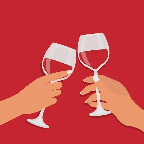 Dos chicas golpeando copas de vino sobre fondo rojo, ilustración, primer plano — Archivo Imágenes Vectoriales