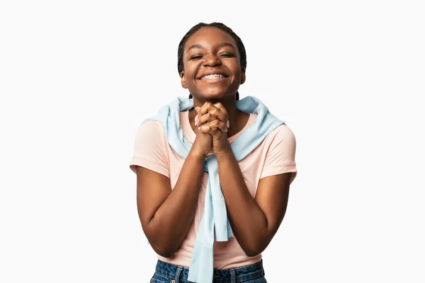 African American Girl Making Pleading Gesture On White Studio Background — стокове фото