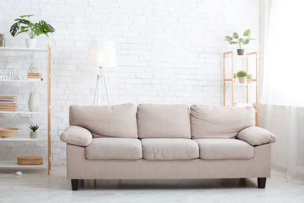 Minimalistyczny styl. Nowoczesny salon z sofą, roślinami i oknem — Zdjęcie stockowe