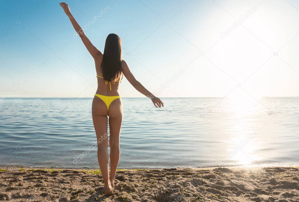 Fit Girl In Bikini Standing On Beach Back To Camera