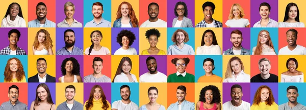 Collectie van verschillende vrolijke Millennials Portretten op gekleurde achtergronden, Panorama — Stockfoto