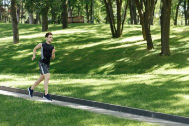Sağlıklı yaşam tarzı egzersizi ve park etme. Fitness takipçisi olan adam çalışıyor