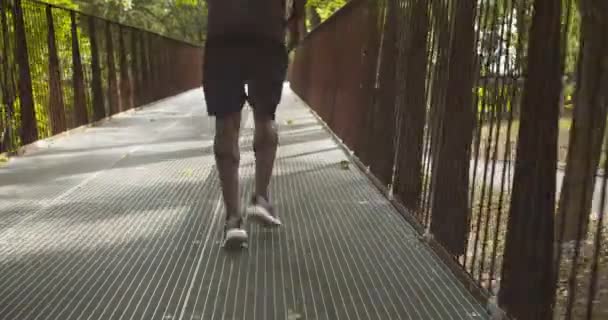 Uomo nero che fa jogging nel parco la mattina presto, vista posteriore — Video Stock