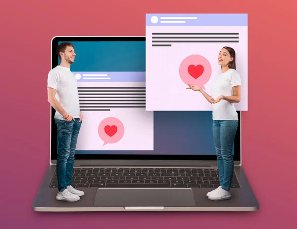 Collage of two lovers standing on laptop and talking — Stock Photo, Image