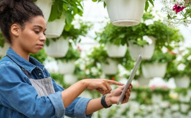 Bitki yetiştirme hakkında blog yap. Ciddi bir Afrikalı Amerikalı kız tablet yazıyor.