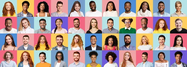 Colagem de sorrir as pessoas enfrenta em fundos coloridos brilhantes, Panorama — Fotografia de Stock