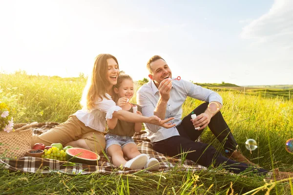 Милая семья играет вместе на пикнике на лугу — стоковое фото