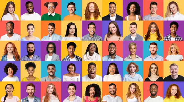 Conjunto de personas de raza mixta retratos sonriendo en diferentes fondos — Foto de Stock