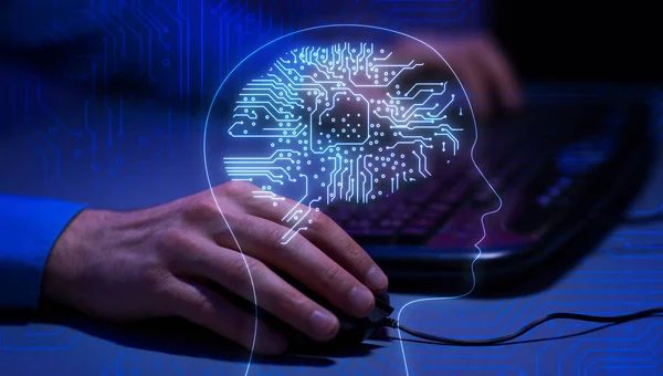 AI-konceptet. Human Silhouette med elektronisk hjärna lager över man med hjälp av bärbar dator — Stockfoto