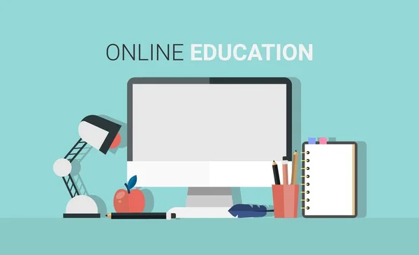 Ilustración de la educación en línea, computadora en escritorio de los estudiantes sobre fondo azul — Vector de stock