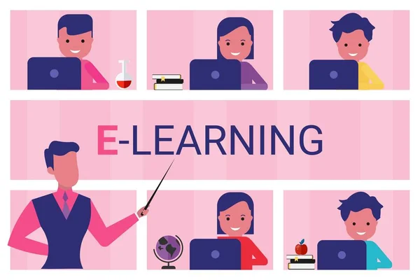 Nauczyciel uczy dzieci na laptopach podczas zajęć online, różowe tło — Wektor stockowy
