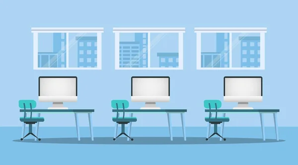 Klasa komputerowa bez uczniów w pomieszczeniu, niebieskie tło, ilustracja wektora — Wektor stockowy
