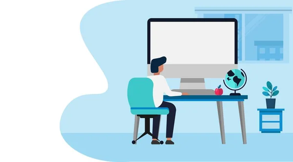Guy at Computer Learning Online zitten binnen, Blauwe achtergrond, Illustratie — Stockvector