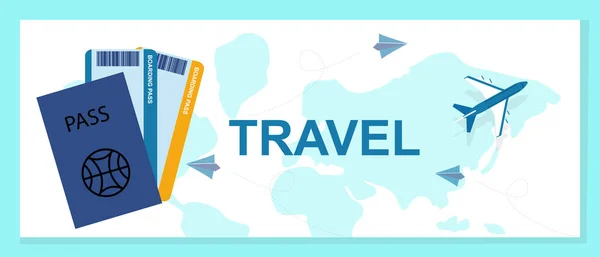 Légi utazás illusztráció jegyekkel és útlevéllel, fehér háttér, panoráma — Stock Vector