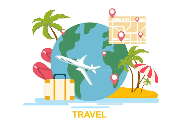 World Globe With Palms And Suitcase Over White Background, Illustration — Stock Vector