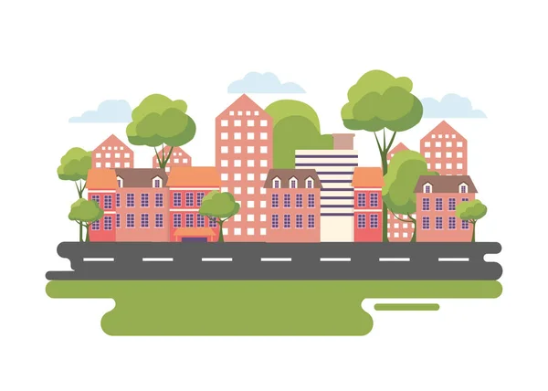 Ilustración vectorial de edificios con árboles y carreteras — Vector de stock