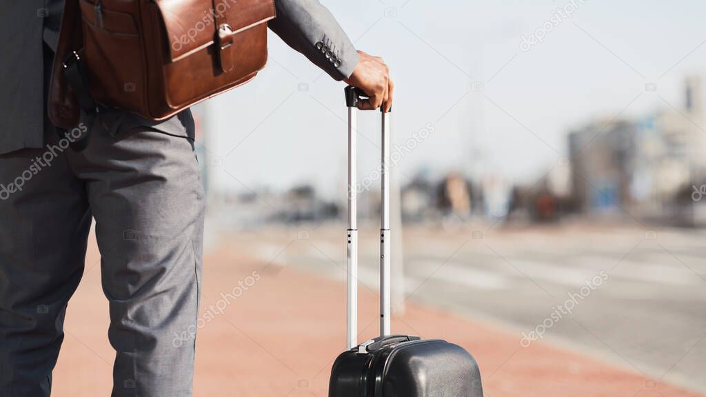 Unrecognizable Gentleman On Business Journey Standing With Suitcase Outdoors, Panorama