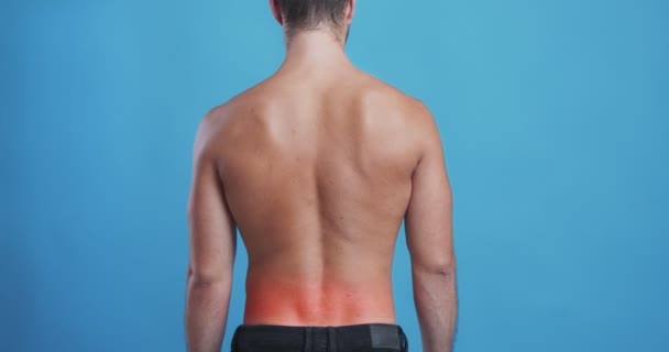 Man suffering from back pain, red pulsating inflamed zone — Stock Video