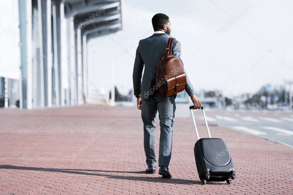 Businessman Going On Business Trip Arriving At Airport, Back View