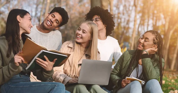 Gelukkig tiener vrienden doen huiswerk samen in park — Stockfoto