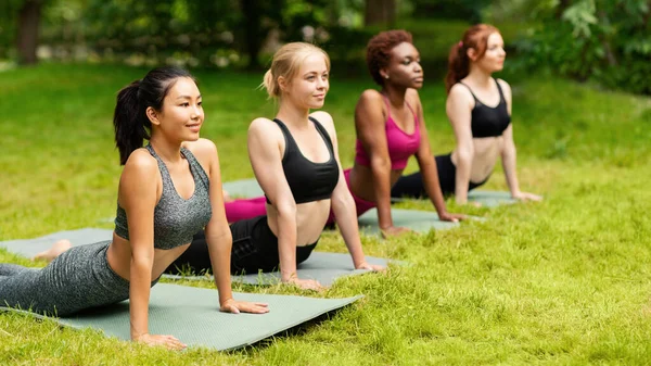 Здоровье йоги. Многонациональные молодые женщины, растянувшиеся в позе кобры в городском парке, пустое пространство — стоковое фото