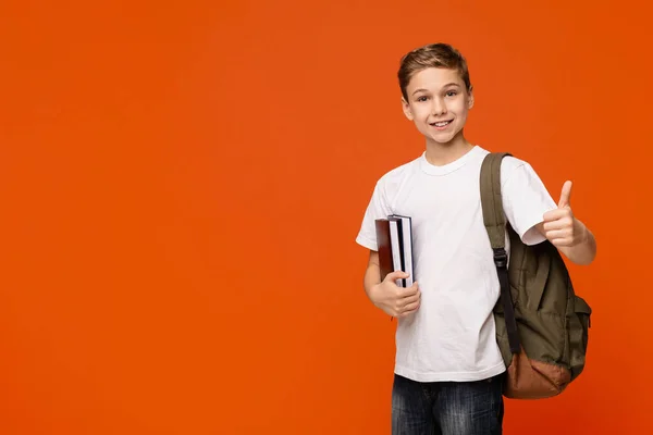 Vrolijke tiener jongen met rugzak en boeken gebaren duim omhoog — Stockfoto