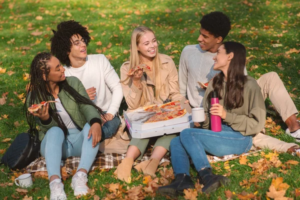 Веселые друзья едят пиццу в общественном парке — стоковое фото