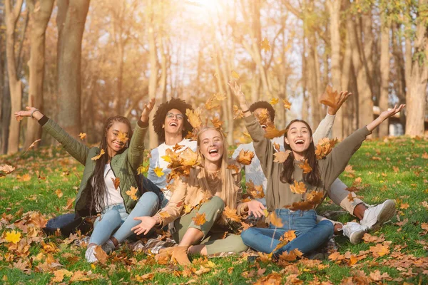 En grupp glada vänner leker med höstlöv i parken — Stockfoto
