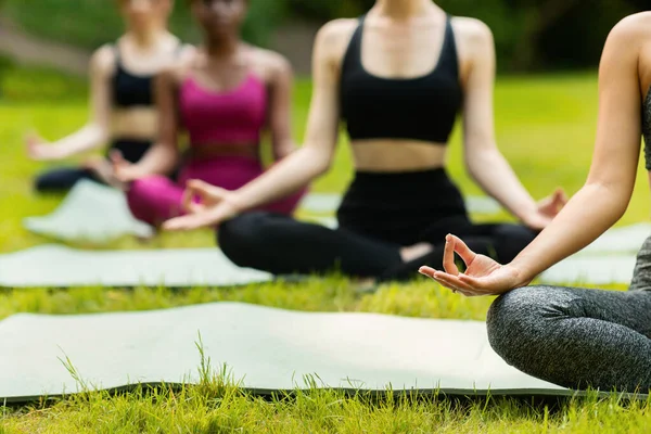 Genç kadınların parkta yoga ya da meditasyon yaptığı yakın çekim görüntüsü, boş alan