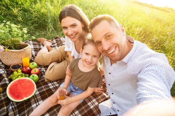 Mutlu aile kırsalda oturup selfie çekiyor. — Stok fotoğraf