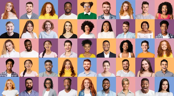 Conjunto de retratos de pessoas milenares felizes em diferentes origens coloridas — Fotografia de Stock