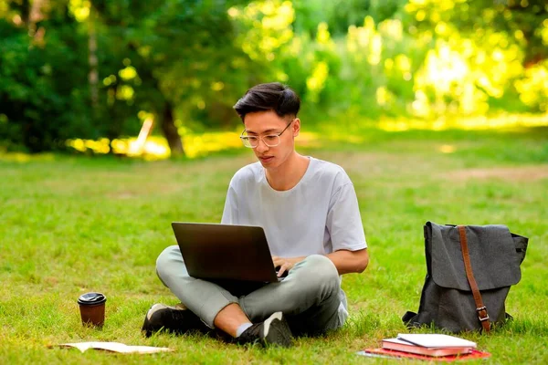 Estudiante coreana que estudia al aire libre con el ordenador portátil en el parque, sentado en el césped, trabajando en el proyecto — Foto de Stock