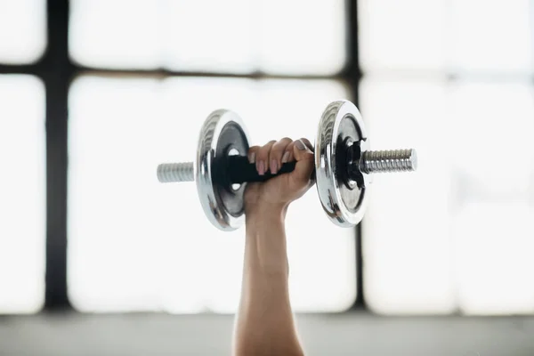 Ejercicio con pesas. Equipamiento deportivo de mano femenina para entrenamiento de bíceps —  Fotos de Stock