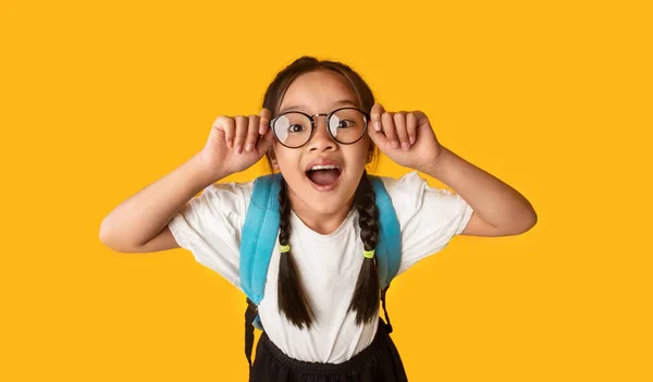 Funny Korean Schoolgirl Posing Having Fun On Yellow Background, Studio — 스톡 사진