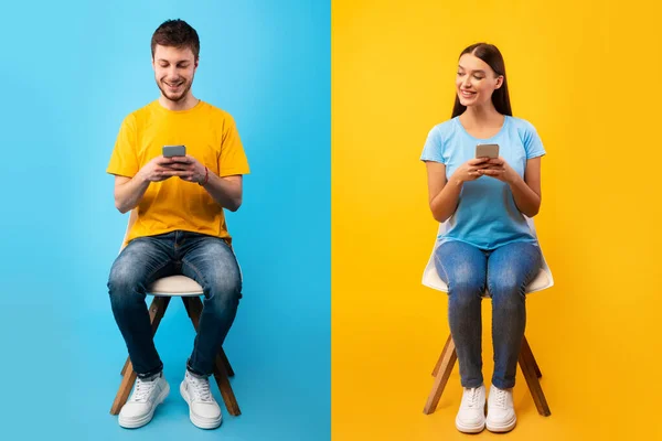 Studio plan de fille assise sur une chaise avec téléphone — Photo