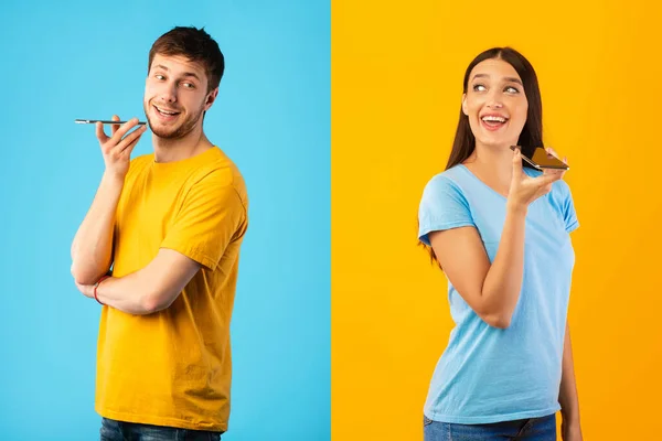 Retrato de pareja hablando por teléfono usando altavoz — Foto de Stock