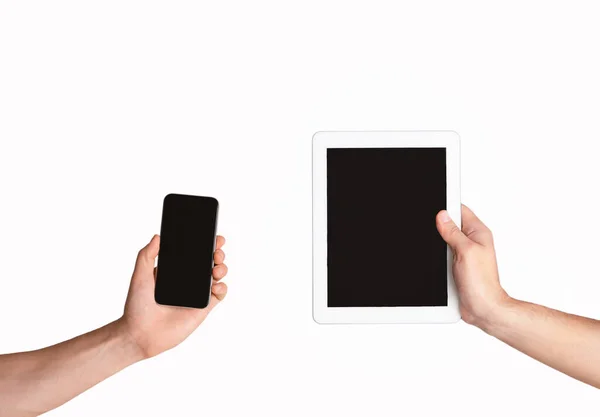 Modern mobil och surfplatta dator i manliga händer, isolerad på vitt. Collage med mockup för din design — Stockfoto