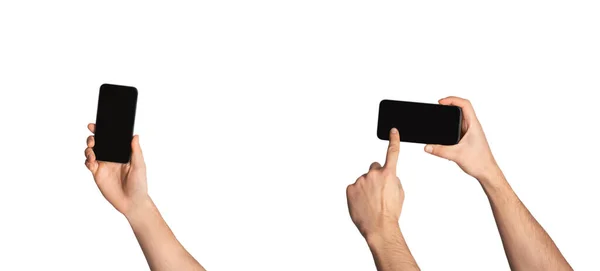Młodzi mężczyźni używają smartfonów odizolowanych na białym tle. Mockup dla aplikacji na telefon komórkowy lub projektowania stron internetowych — Zdjęcie stockowe