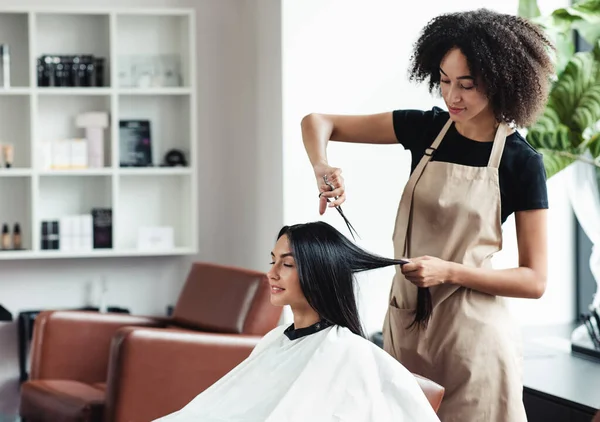 Cabeleireiro preto jovem corte de cabelo de cliente feminino no salão — Fotografia de Stock