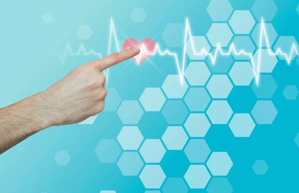 Male hand pressing heart on imaginary screen, collage with cardiogram and hexagonal cells. Copy space — Stock Photo, Image